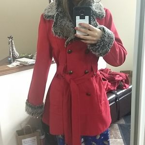 Red Trench Coat with Fur Detail